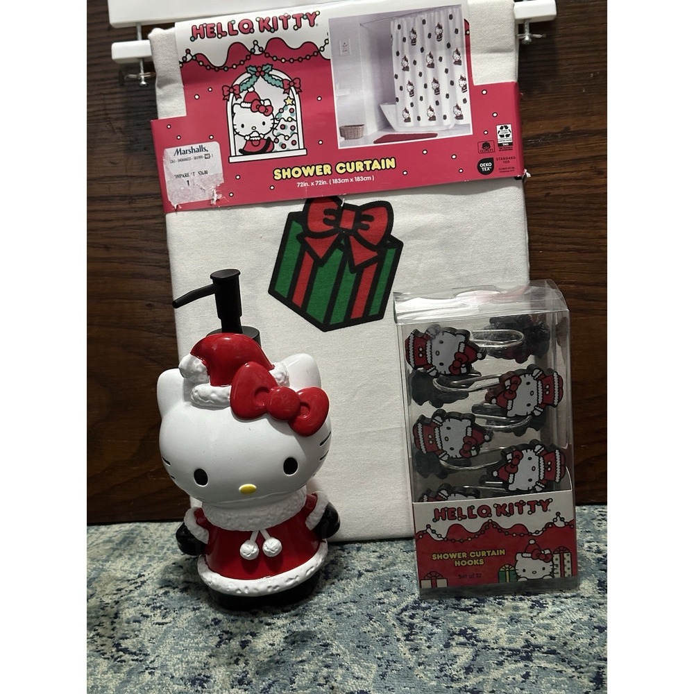Hello Kitty Christmas Shower Curtain Set Soap Dispenser Santa Hat Hooks NWT Bath
